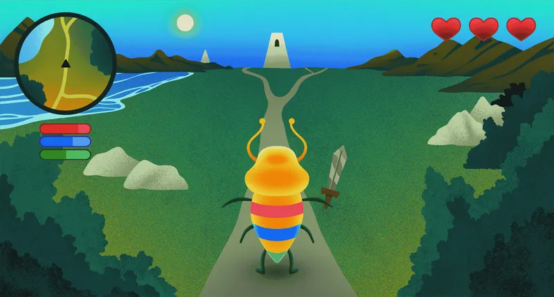 Game character on a path with hearts