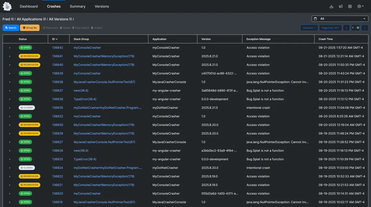 BugSplat crash report UI demo