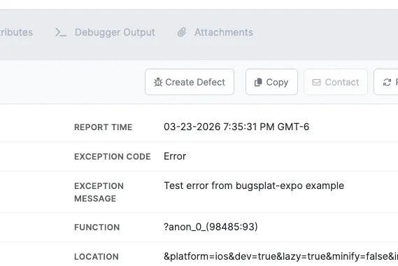 BugSplat error capture with stack trace