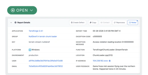 BugSplat crash report details showing application, platform, function, and user feedback