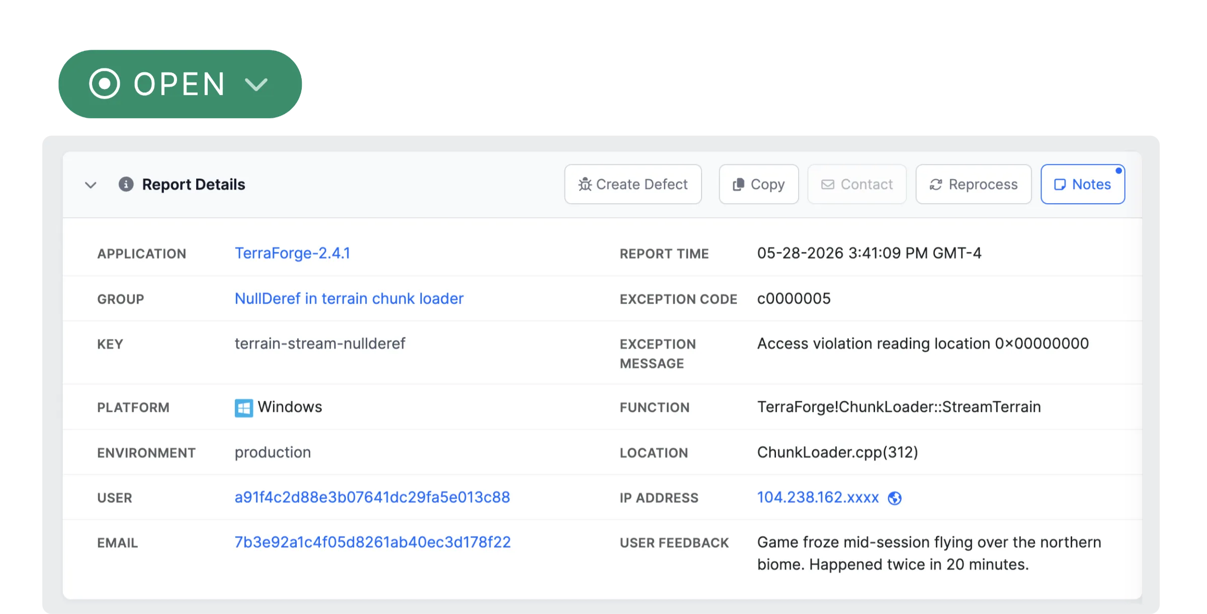 BugSplat dashboard showing crashes captured across platforms