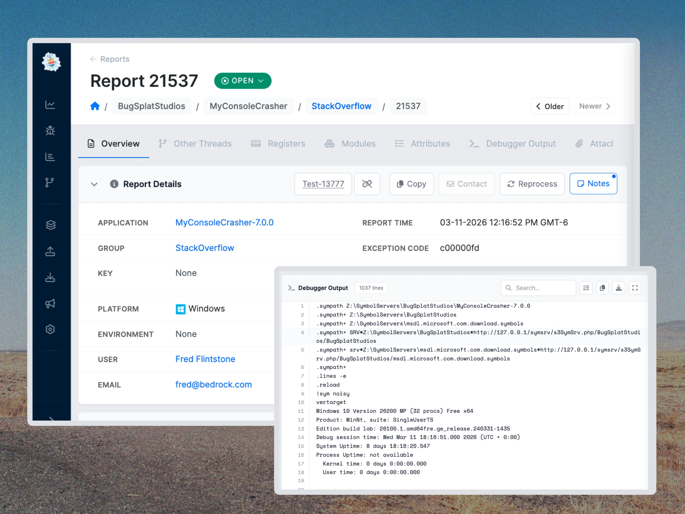 BugSplat crash reporting dashboard