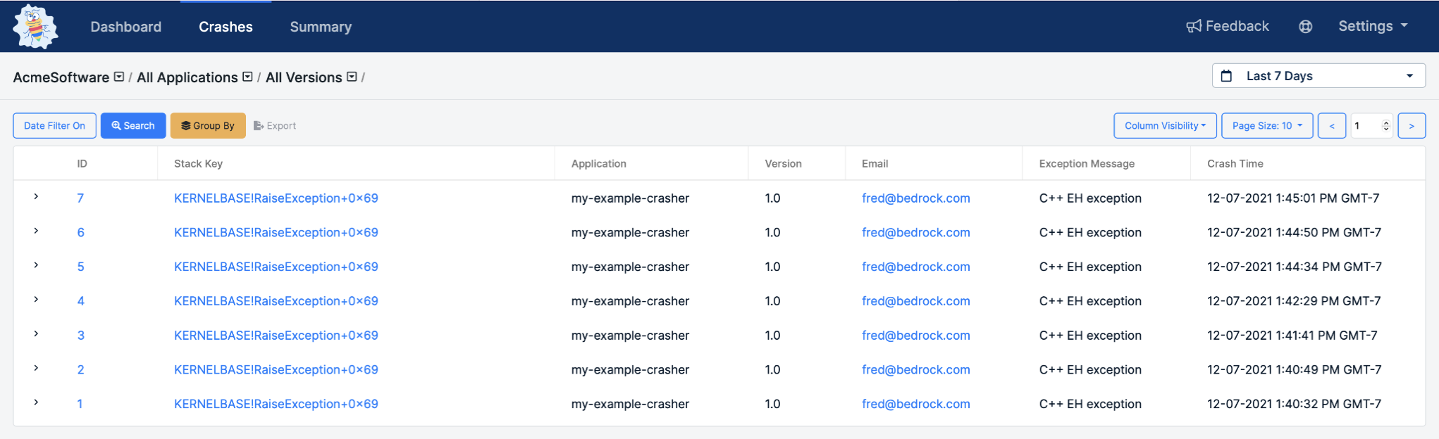 Sample crashes on the Crashes page
