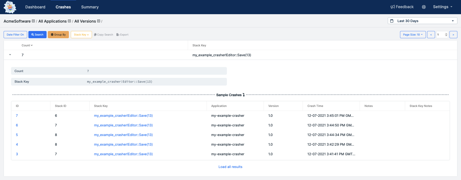 Group By Stack Key on the Crashes Page
