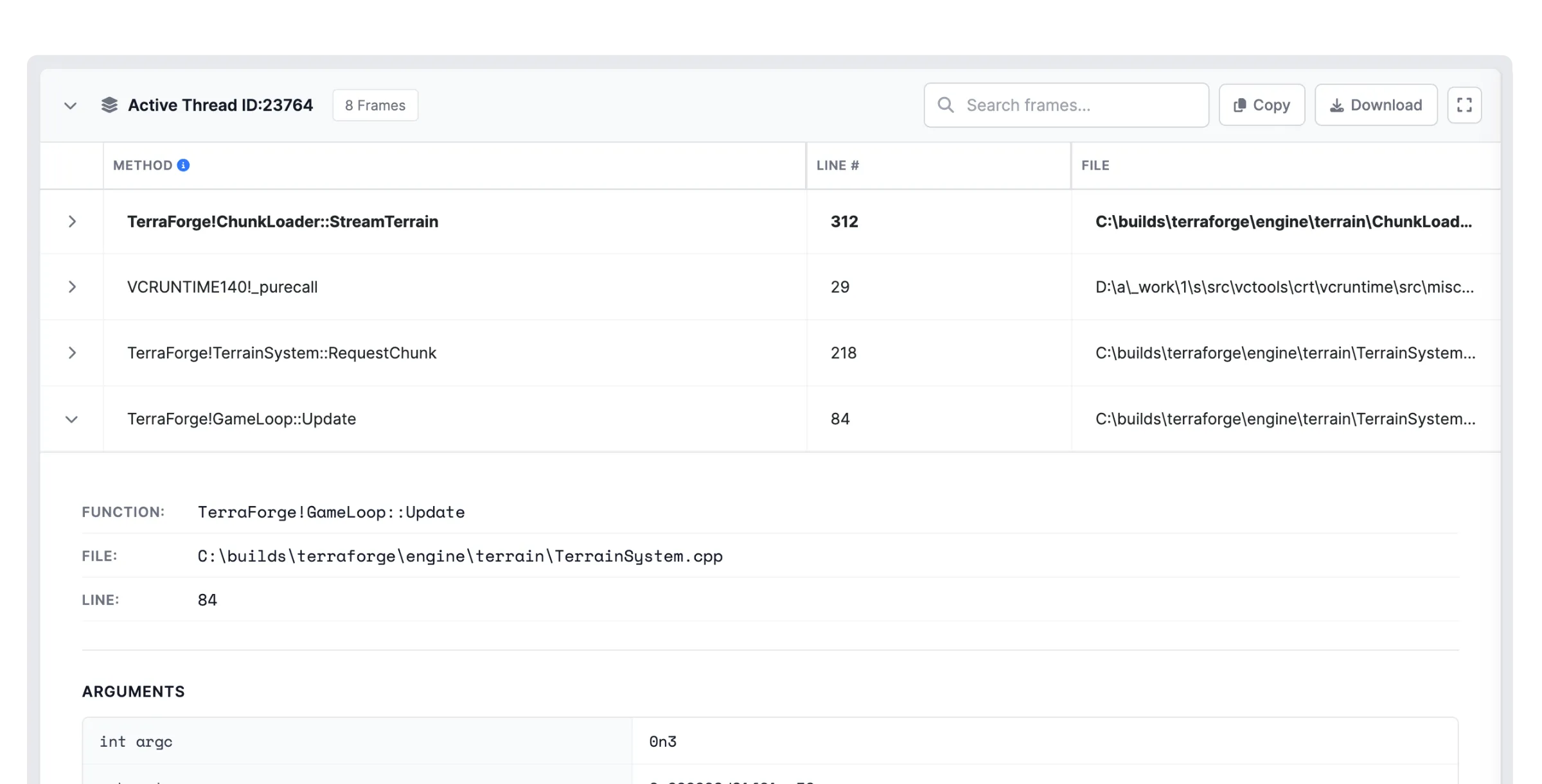 BugSplat crash detail with symbolicated stack trace and full context