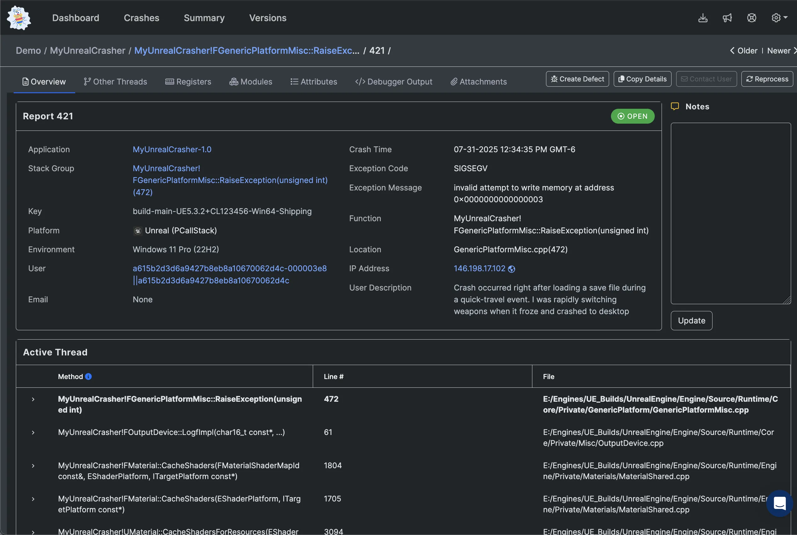 Example Unreal Engine Crash Report in BugSplat